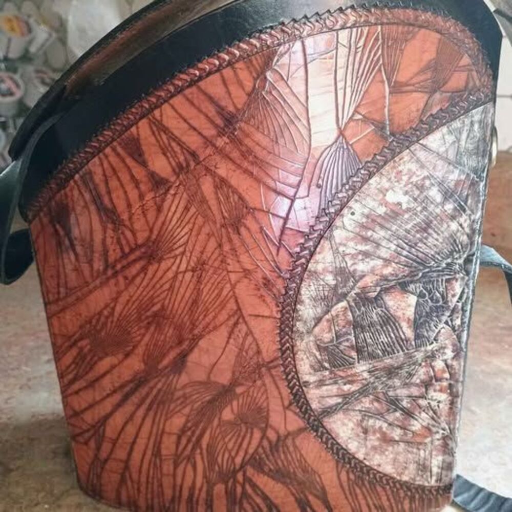 Pyrani from Argentina Hand-Tooled Leather Shoulder  (Bucket) Bag
 Hand signed